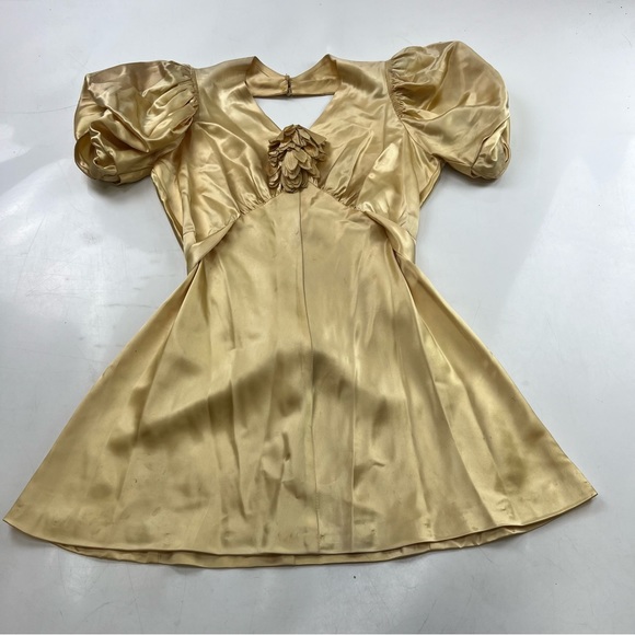 Vintage 90s 80s women’s yellow rose puff sleeve  mini dress M L76-27 - Picture 6 of 10